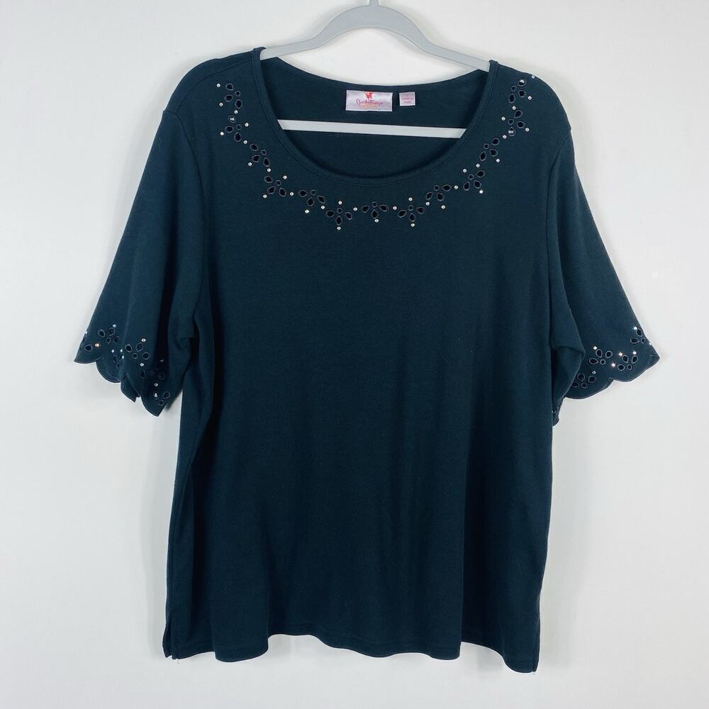 Quacker Factory Size Large Smile N' Style Scalloped Elbow Sleeve T-Shirt Black